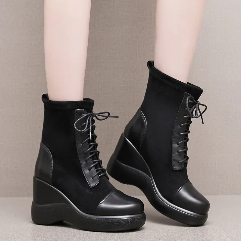 8cm Small Size 32-43 Flexible Frosted Leather Platform Wedges Shoes Ankle Boots 2024 High Heels Stretch Boots Women Office Mom