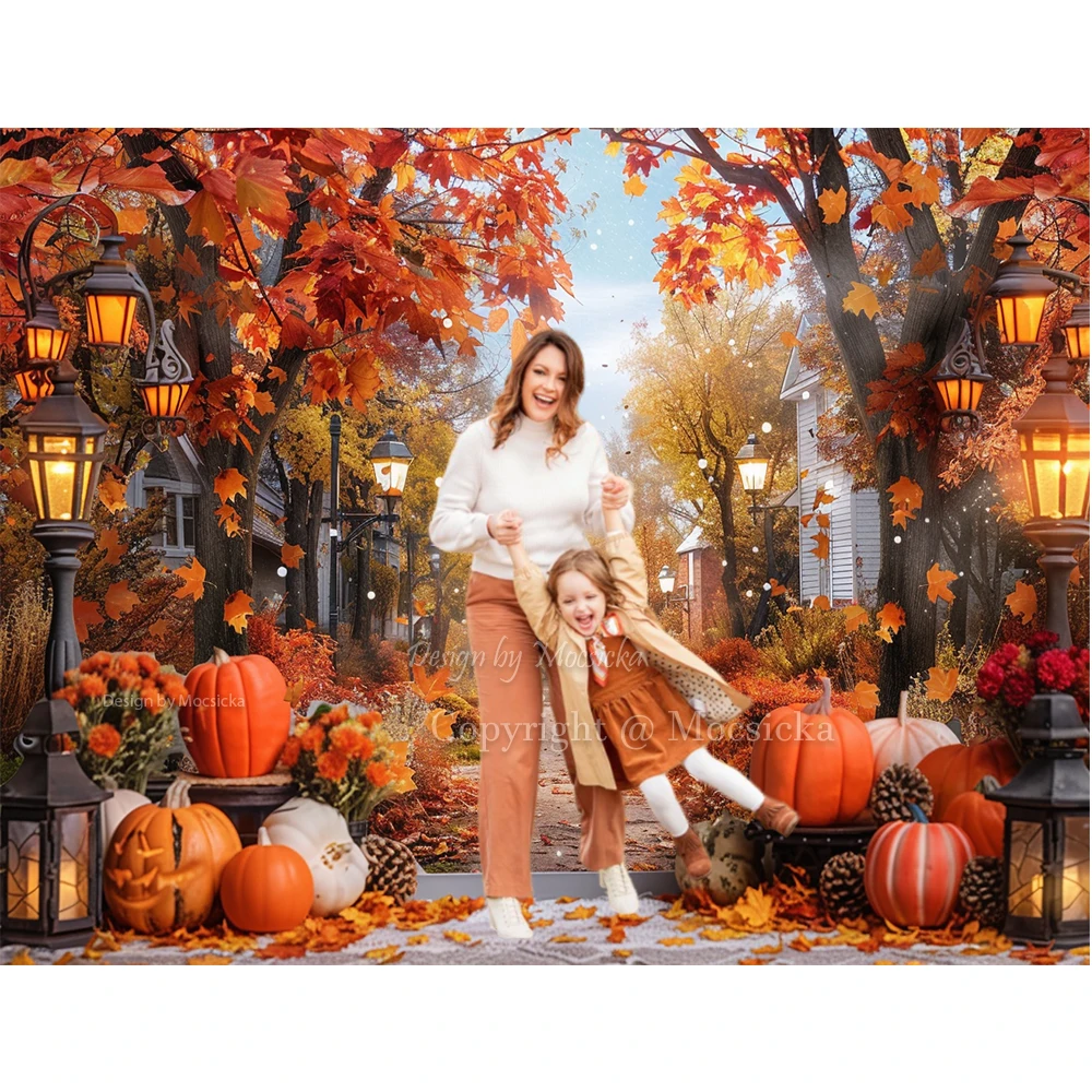 Autumn Photography Background Pumpkin Maple Leaves Street Light Backdrop Decor Family Kid Thanksgiving Day Birthday Photo Studio