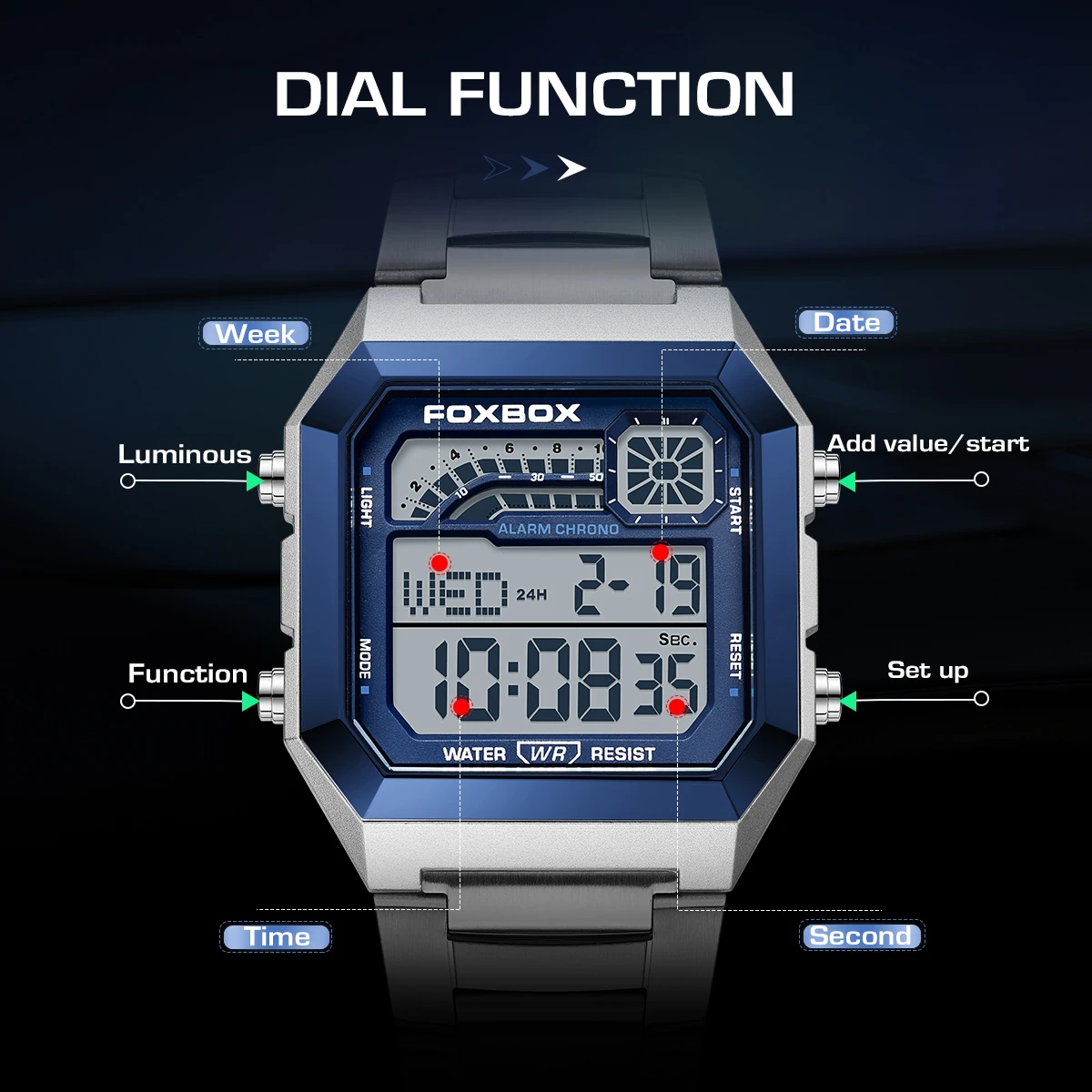 FOXBOX Outdoor Sport Electronic Watch Men Multifunction Watches Alarm Clock Chrono Waterproof LED Digital Double Time Watch