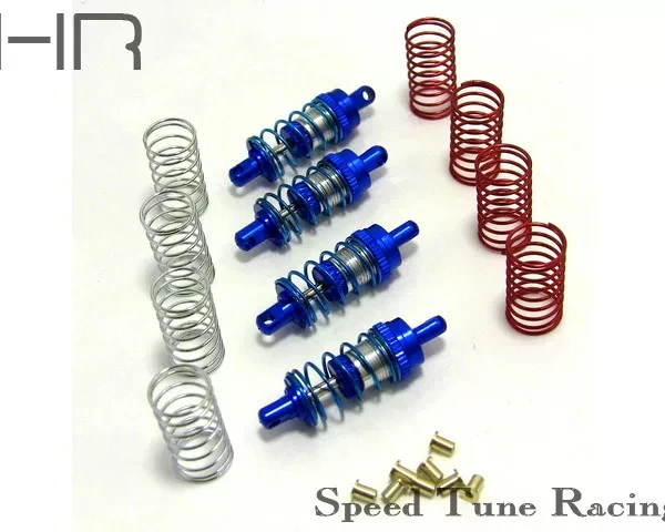 Hot Racing 32mm Blue Alum. Shock Absorber Set 4pc Assembled w/ 9T Red 8T Silver 7T Blue Springs for 1/24 Losi Micro 4WD