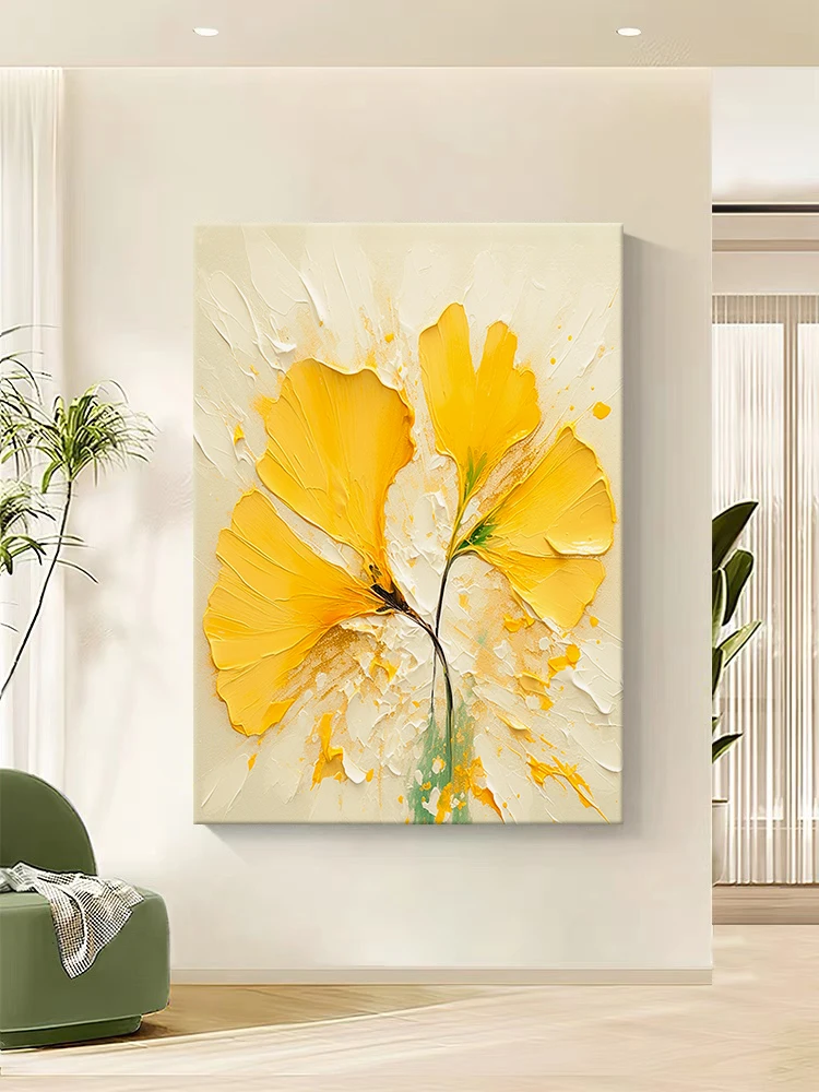 Cream wind abstract ginkgo biloba leaf texture hand-painted oil painting living room decorative painting yellow light luxury