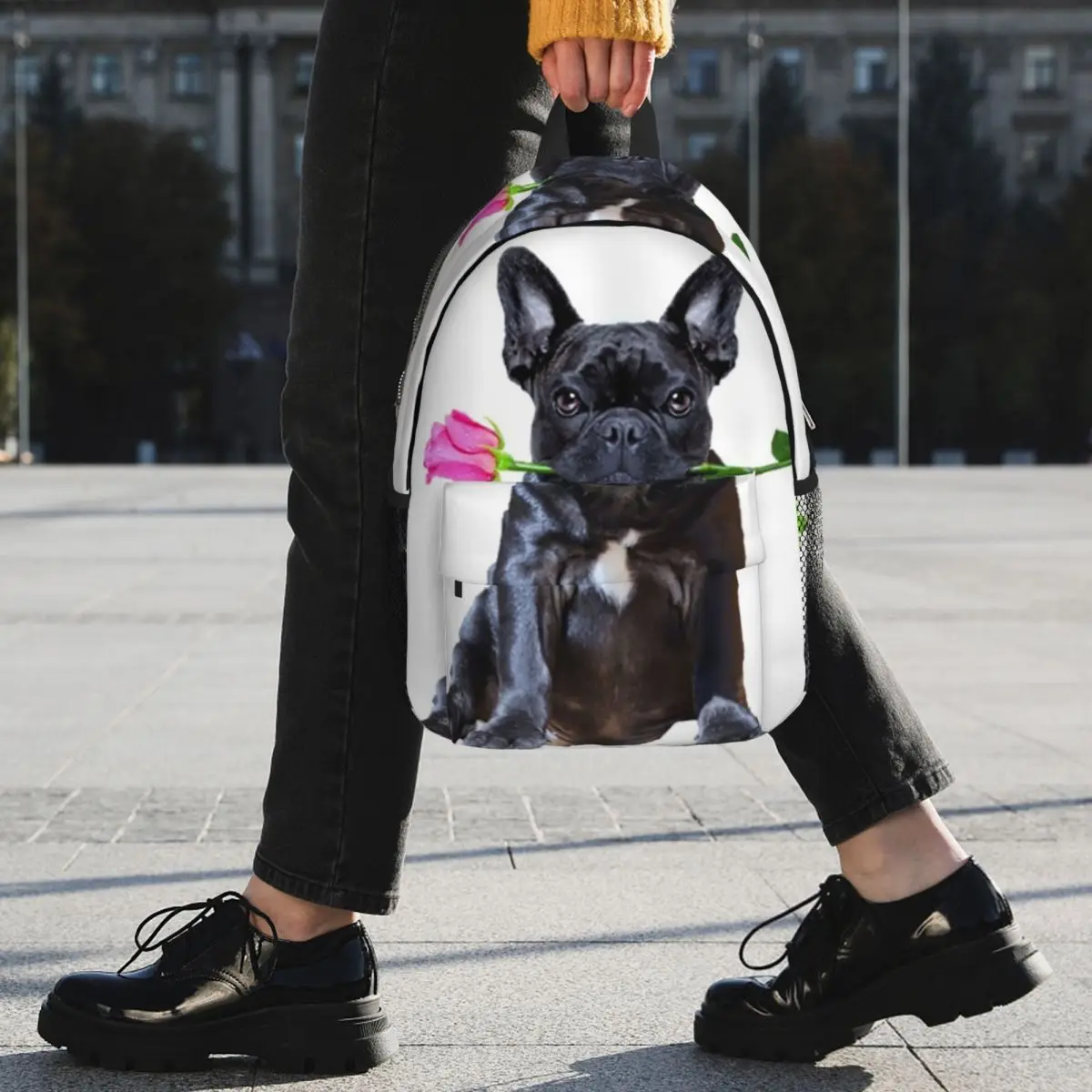 French Bulldog With Flowers Backpack Student BookBag Children School Bag Computer Shoulder Bags for Boys Girls