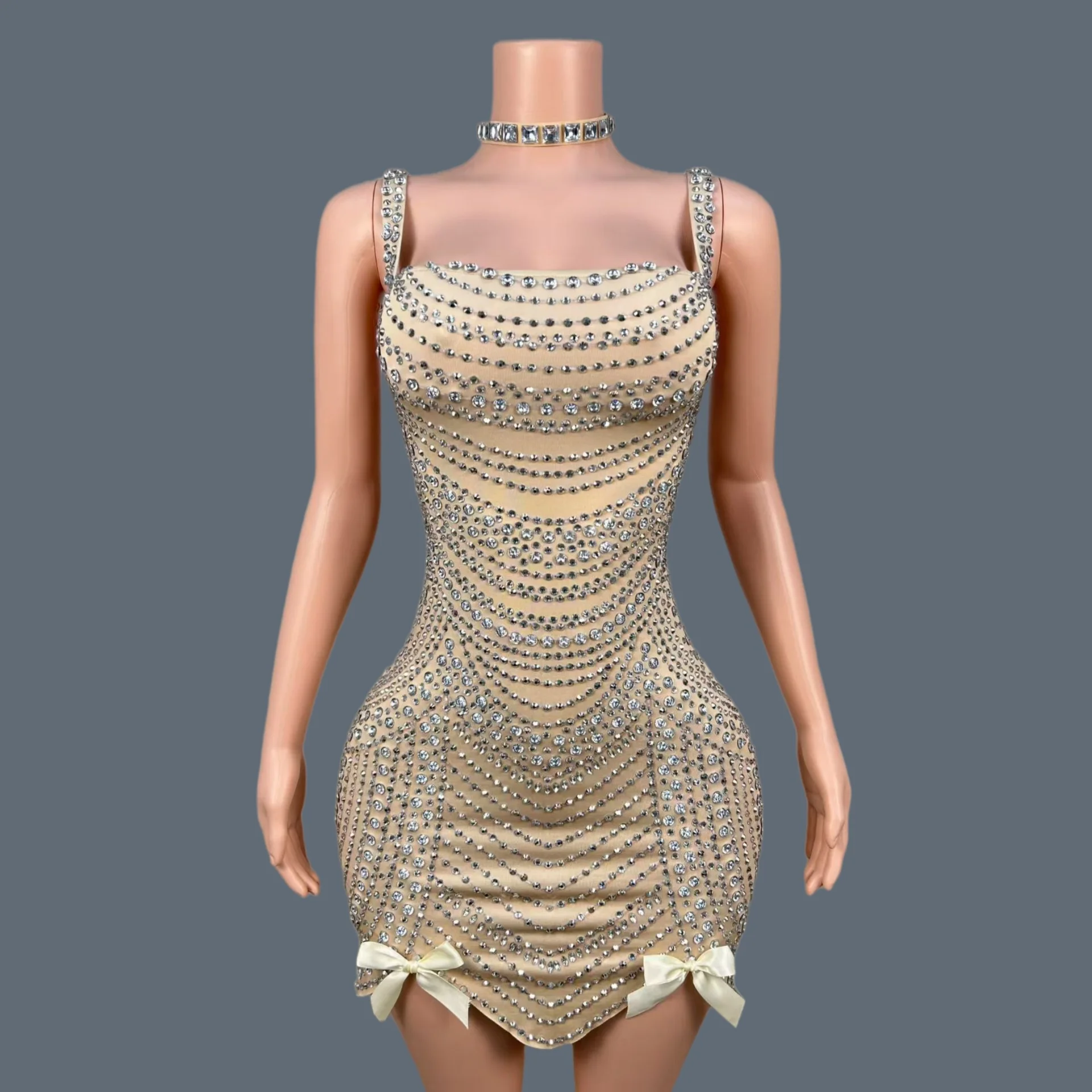 

Sparkly Rhinestone Spandex Elastic Mini Dress Spaghetti Straps Bow Detail Bodycon Birthday Celebrate Party Club Costume Hudiejie