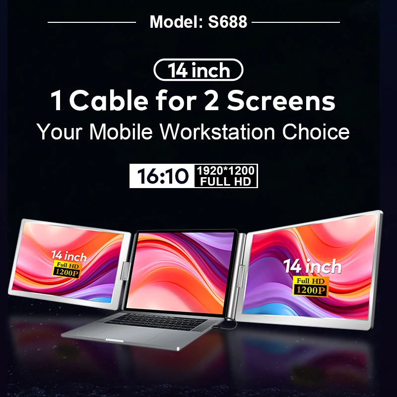 1 Cable for 2 Monitor,Front and Rear 360° Rotation Triangle Triple Screen Display Portable Monitor 14''  Wins/Mac(M1 M2 M3)
