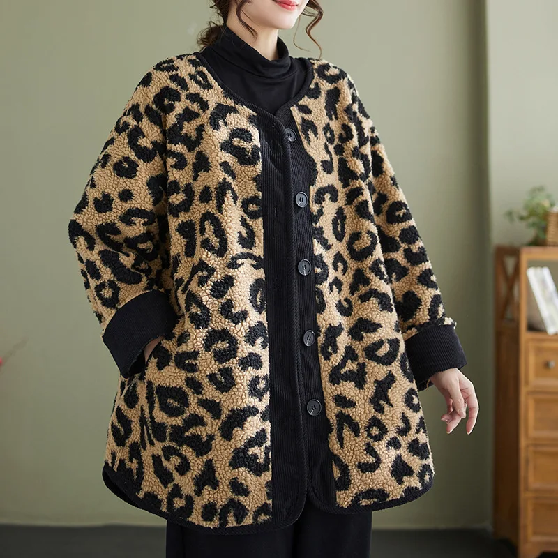 Leopard Print Loose Jacket, Plus Size Women\'s Polar Fleece Coat