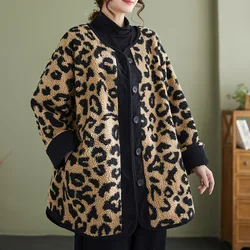 Casaco solto estampado leopardo para mulheres, casaco polar do velo, plus size