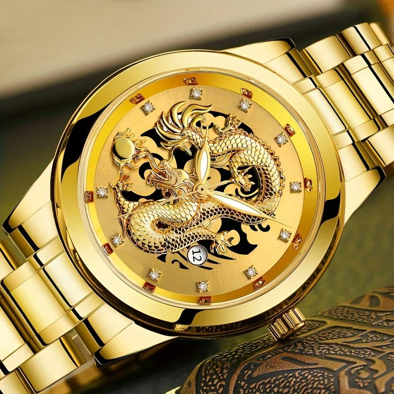 Fashion Men\'s Watch Chinese Dragon Golden Watch Stainless Steel Calendar Quartz Watch