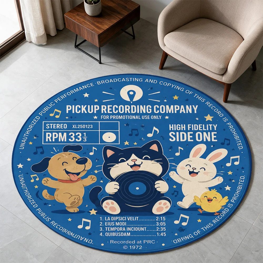 Fun Dog Cat Rabbit Record Store Themed Round Area Rug for Living Room Play Mat