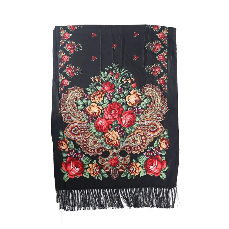 190x65cm Ethnic Women Scarf Long Floral Print Ukrainian Embroidery Hijab Head Wrap Winter Warm Shawl Fringe bandana