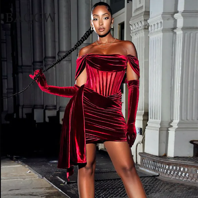 Burgundy Draping Off Shoulder Corset Dress Sexy Velvet Slim Bodycon Mini Dress Women Short Sleeve Evening Dresses with Gloves