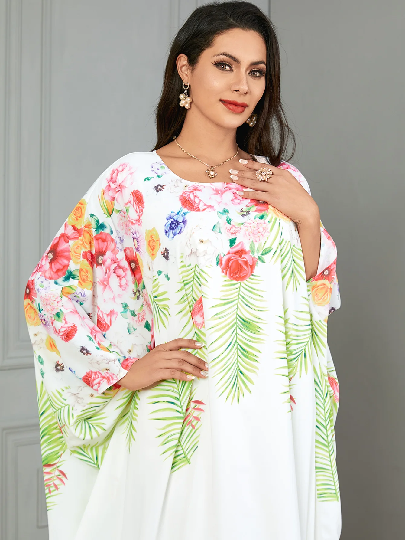 

Muslim Abaya Dubai Floral Print Bat Sleeve Loose Fashion Women Dress Casual Robe Moroccan Caftan Dresses Eid Djellaba Vestidos