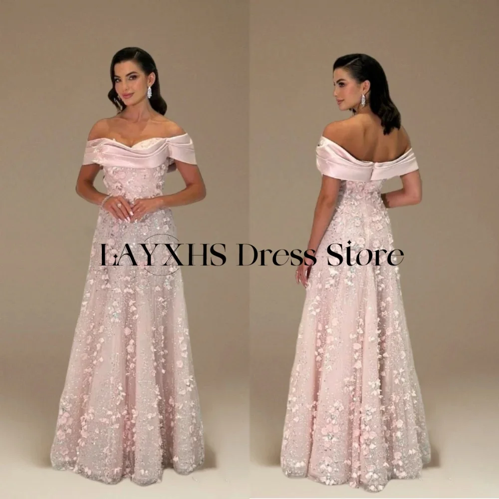 LAYXHS งดงามปิดไหล่ชุดราตรี A-Line ลูกไม้ดอกไม้จีบชุดราตรีที่กําหนดเอง FBسات