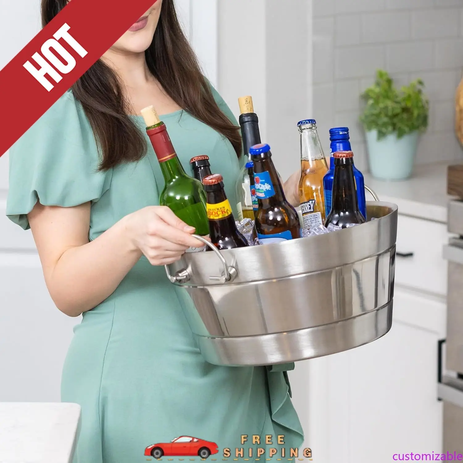 

Customizable Stainless Steel Ice Bucket for Parties, Double Wall Insulated Anchored Brushed Drink Tub & Wine Bucket ,12QT (3 Gal