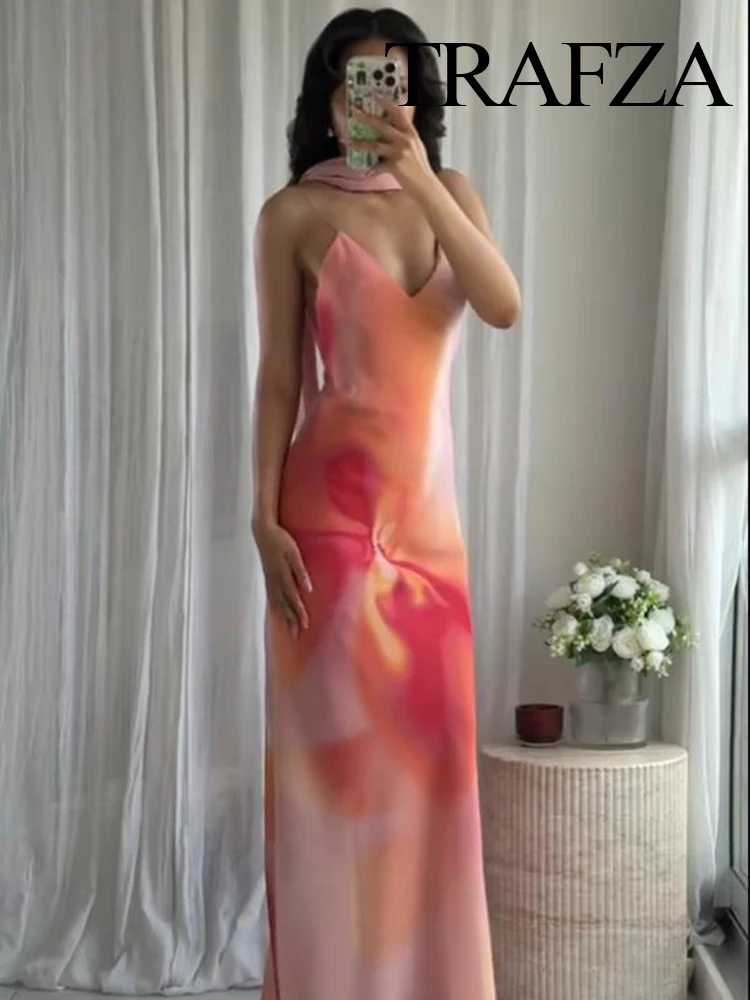TRAFZA Women Summer Holiday V-neck Print Long Scarf Sleeveless Slim Dress Female Elegant Sexy Backless Party 3-Color Sling Dress - Image 4