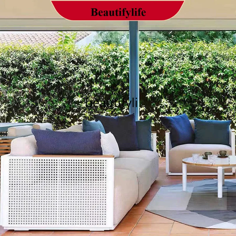 

Outdoor Sofa Villa Courtyard Soft Decoration Project Hotel Stainless Steel Electroplated Sofa and Coffee Table Set H