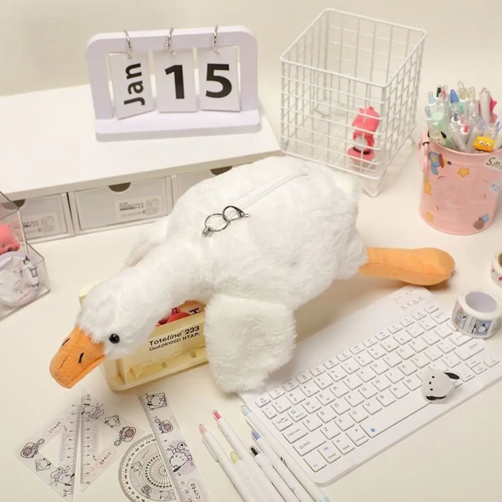 Stuffed Animal White Goose Pen Bag Pencil Pouch Cute Doll Plush Pencil Cases Cartoon Plush Toys Stationery Storage Bag