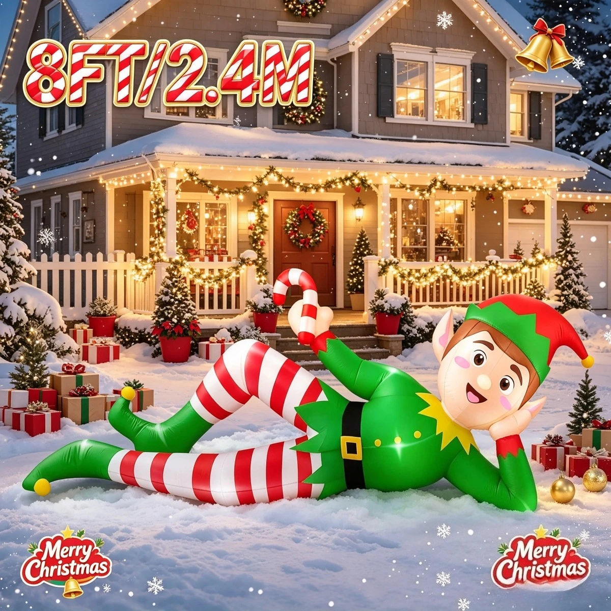 8FT Christmas Inflatable Horizontal Elf Blow Up, Lighted Outdoor Holiday Yard Decor, Funny Lying Down Elf Ornament Decorations