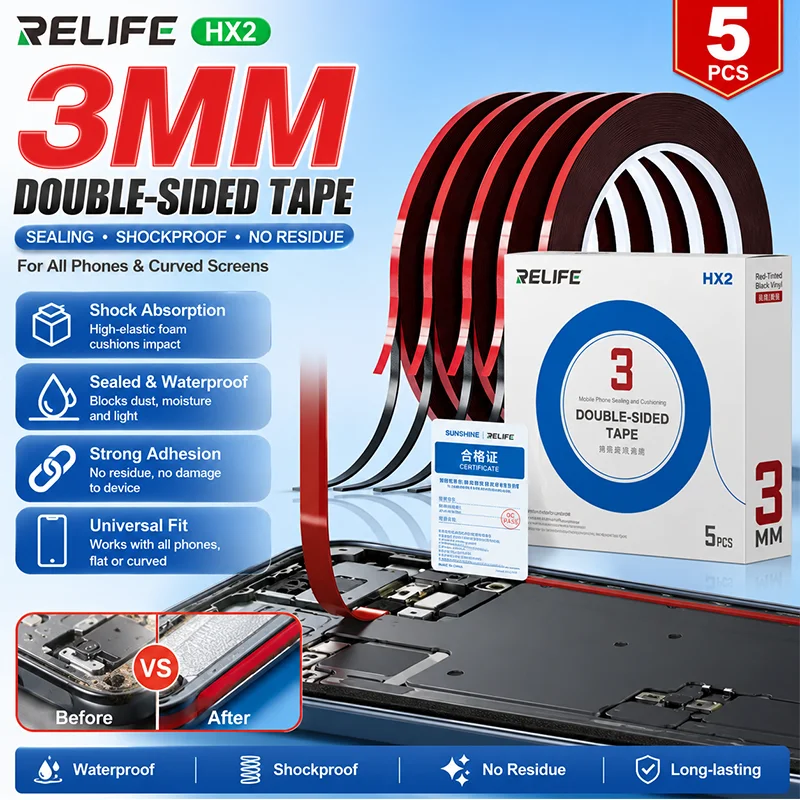 RELIFE HX2 Red Liner Black Foam Adhesive Tape 3mm Wide High Elastic No Residue Tape for Cellphone Frame Sealing Replacement