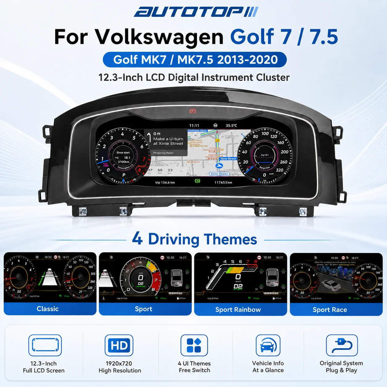 AUTOTOP Écran de tableau de bord virtuel LCD 12,3 pouces sans fil Carplay Android Auto pour Volkswagen Golf MK7 MK7.5 2013-2020 GTI Golf R TSI Variant SportWagen, écran d'instrumentation LCD pour voiture, 4 thèmes d'affichage, informations de navigation, maintien des fonctions OEM
