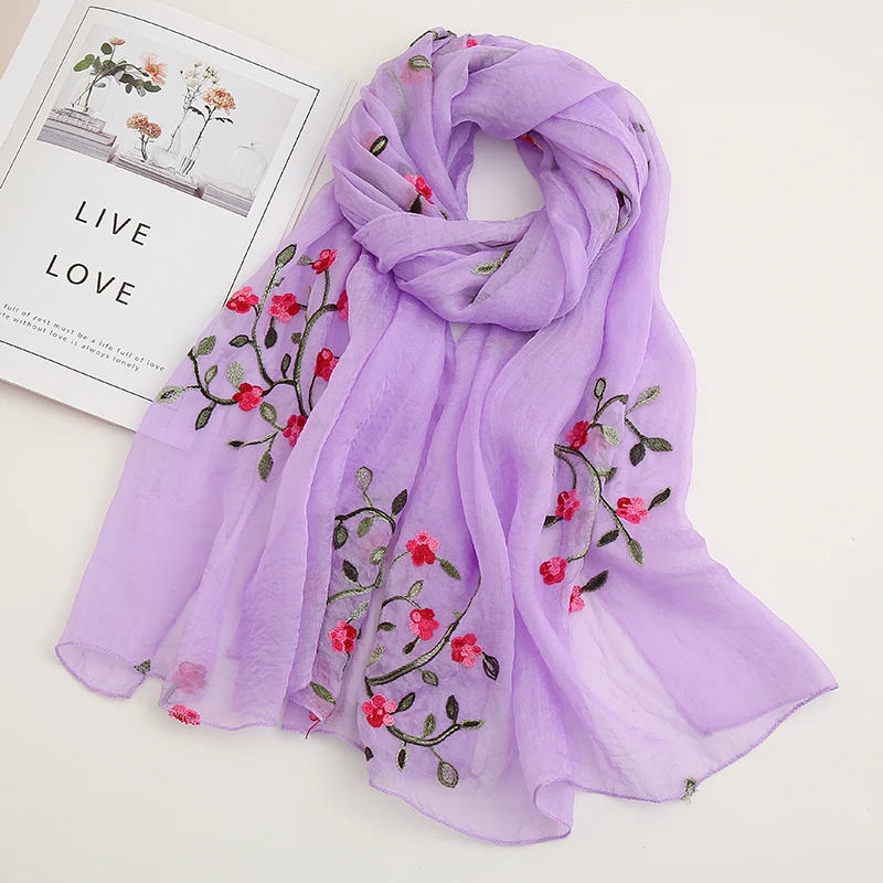 Fashion Floral Embroidery Chiffon Shawl  Women Muslim Hijab Headscarf Soft Wraps Headband Summer Thin Sunscreen Scarf170*65cm