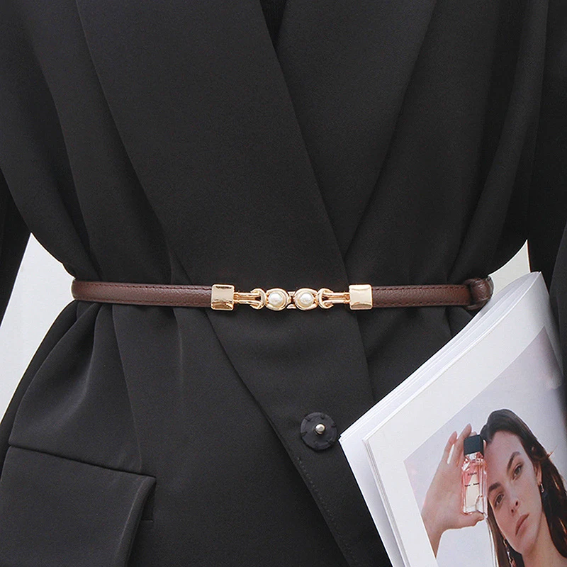 

New Women's Belt Creative Double Pearl Leather Dress Waist Elastic Thin Belt Elegant Women Fashion Accessory Female Belt