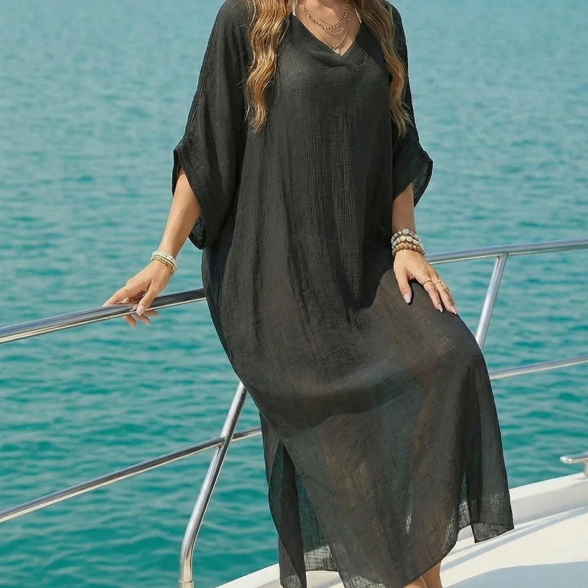 Boho Clothing Maxi Dress Women's Pareo V Neck Loose Dress Bamboo Fabric Oversized Sheer Fabric Long Dress Side Slit Black Beach