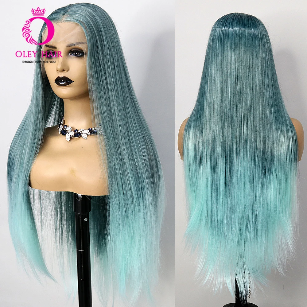 

Ombre Green Colored Synthetic 13x4 Lace Front Wig Straight Glueless Heat Resistant Cosplay For Black Women Pre Plucked 180%