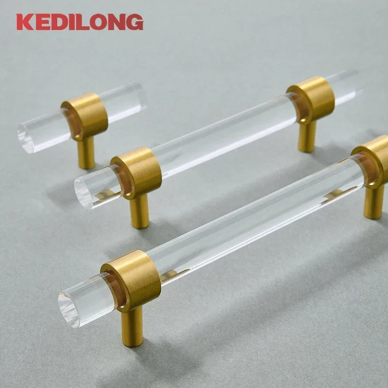 KEDLO Modern minimalist acrylic brass long handle furniture hardware cabinets gold transparent drawers silver T-handles