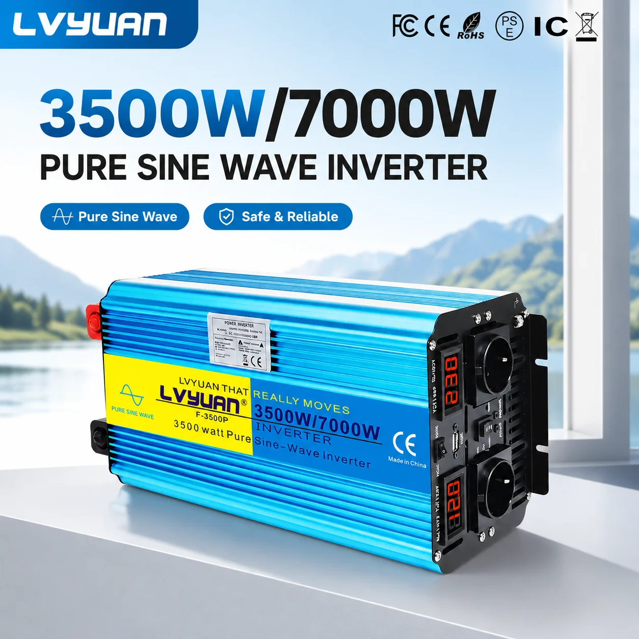 LVYUAN Pure Sine Wave Power Inverter 2500W 3000W 3500W 4000W 12V 24V to AC 230V 50Hz 2 EU Sockets USB Remote Control Solar Home