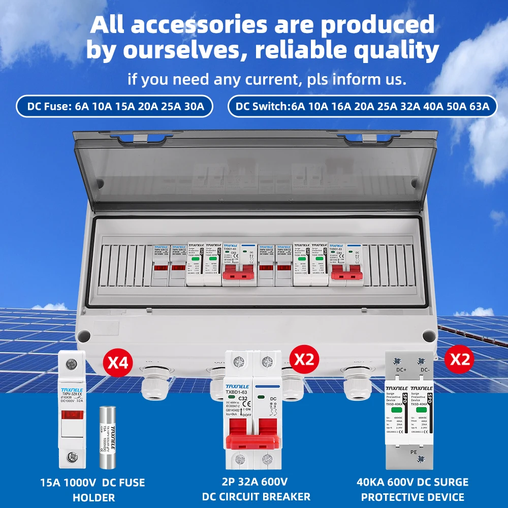 Solar photovoltaic PV Combiner Box 2 input 2 out 2 String Surge Lightning Protection DC 600V Fuse MCB SPD Waterproof Box IP65