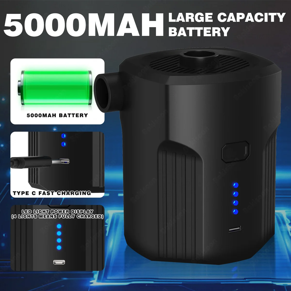 Tragbare elektrische Luftpumpe für Schlauchboote mit 5 Düsen für Outdoor-Camping, Luftmatratzenbetten, Boote, Kissen, Couch, Poolschwimmer