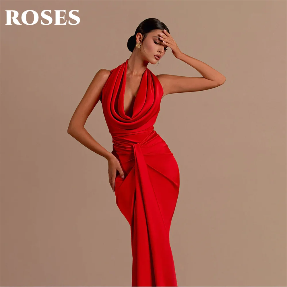 ROSES Halter Red Evening Dresses Backless Stain Prom Dresses Pleat Sleeveless Mermaid Party Dress Floor Length فساتين الحفلات