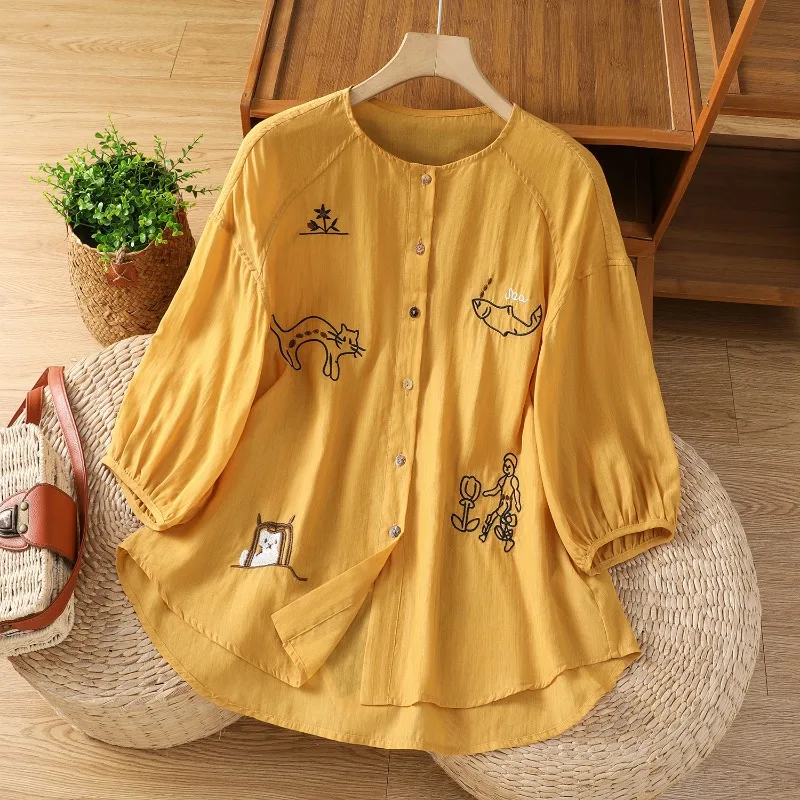 

Chinese Style Women's Blouse Embroidery Vintage Shirts Fashion Loose Summer Clothing Short Sleeve Cotton Linen Women Tops