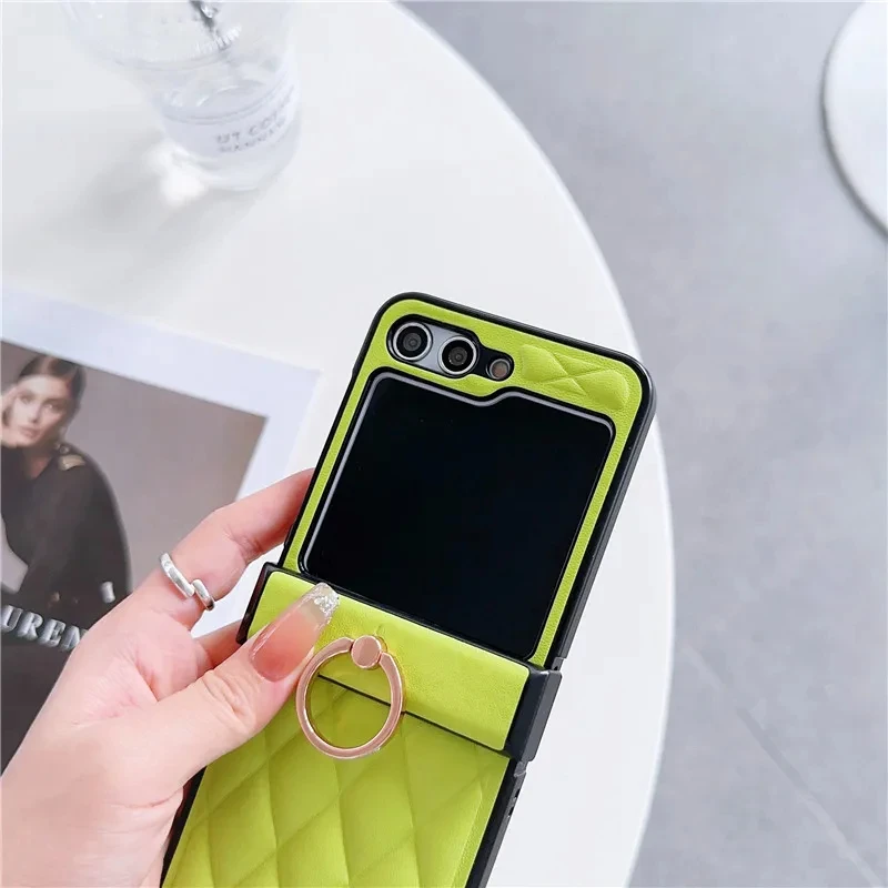 Luxury Ring Phone Holder Leather Case For Samsung Galaxy Z Flip 5 5G Z Flip 6 4 Z Flip 3 Coque Solid Color Phone Back PU Cover