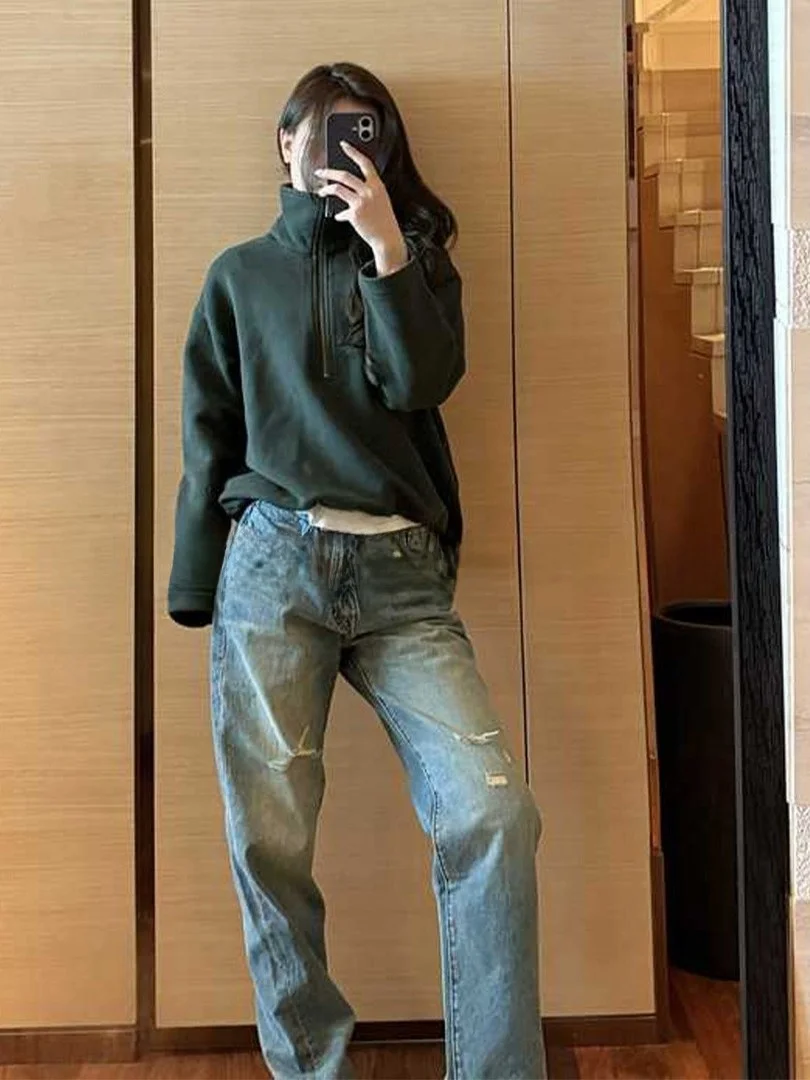 

Slimming Ripped American Vintage Waed Straight Leg Jeans Cotton Casual Sle Women's Premium Quali Blue Jeans