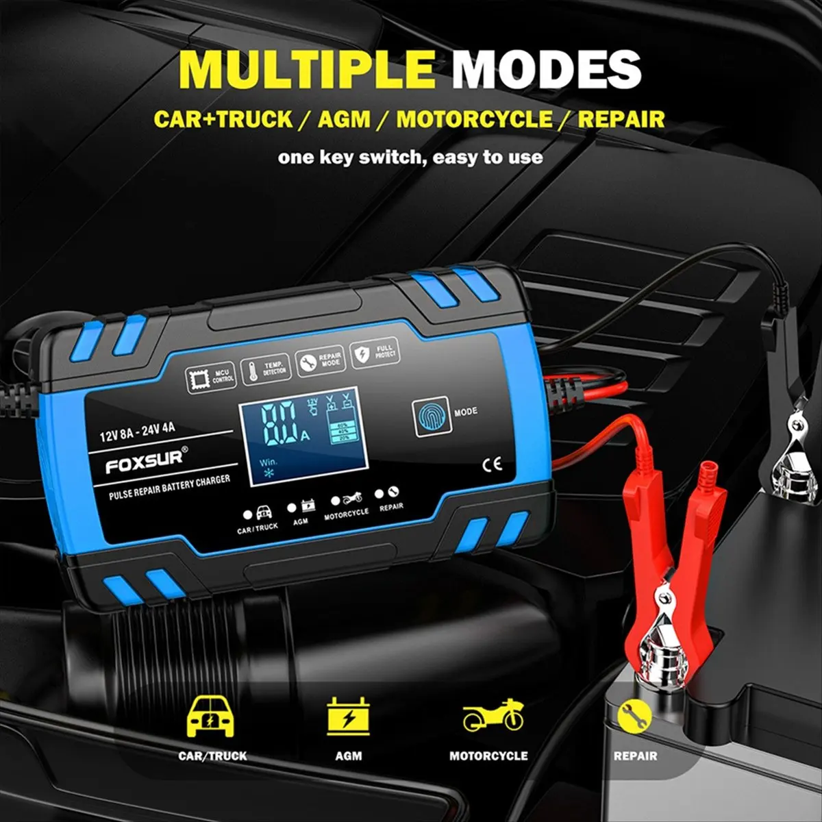A99X  Motorcycle Car Battery Charger 12V 8A 24V 4A Automatic Pulse Repair LCD Smart Car Battery Repair Charger-EU Plug