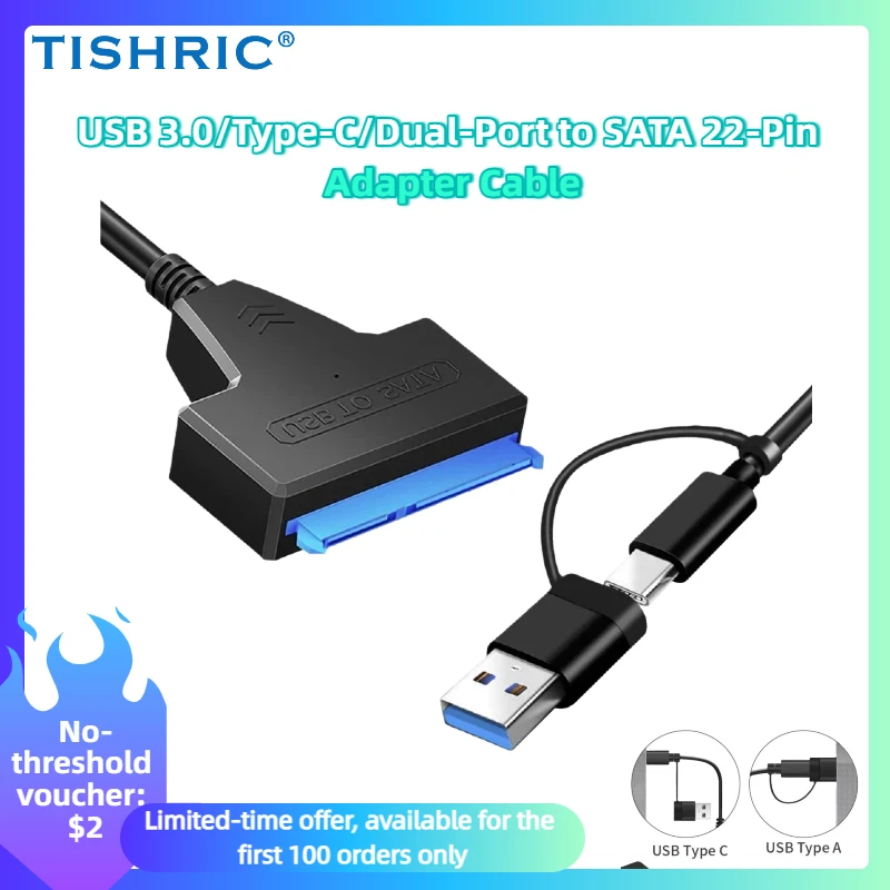 TISHRIC 2-in-1 SATA to USB-C Adapter USB 3.0 External HDD/SSD Cable for Laptop, PC, Mac - 22-Pin SATA III to Type-C/USB-A