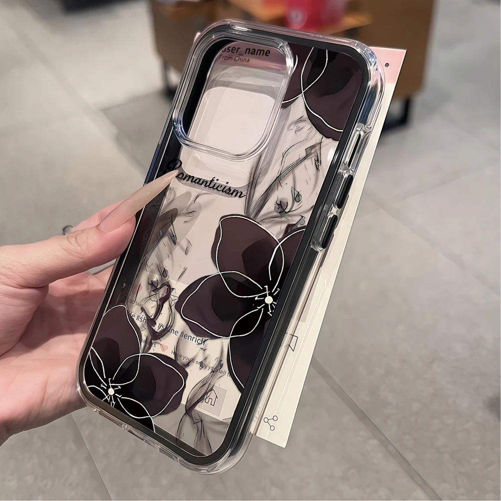 Schwarze Blumen-Romantik-Druck Handyhülle für iPhone 16 14 15 Plus 12 13 14 15 11 17 16 Pro Max Air X XS Transparente Weiche Hülle – Detail 3