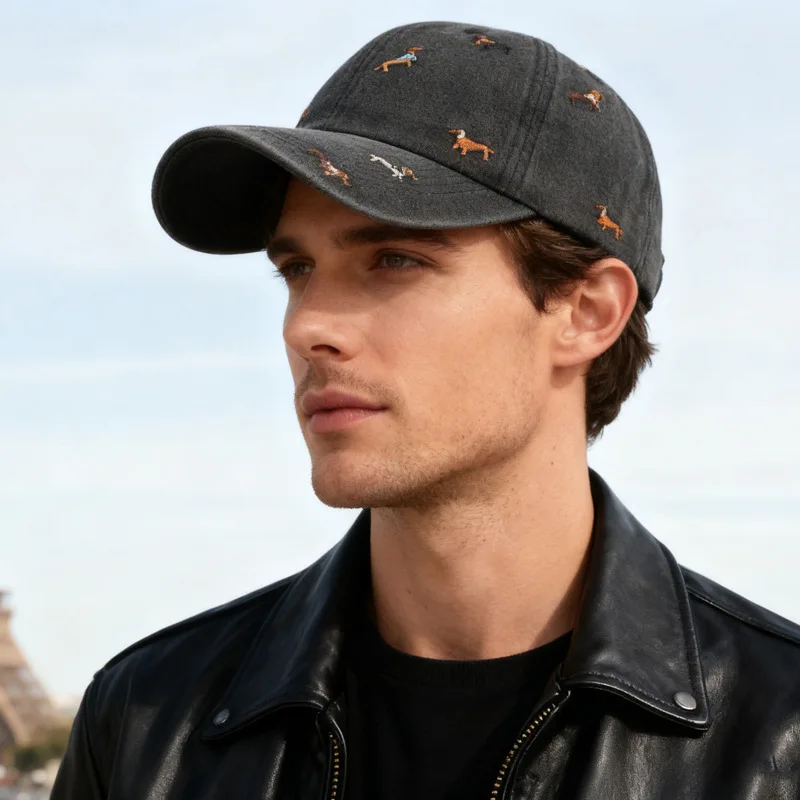 

Outdoor washed soft top baseball cap embroidered with puppy pattern, retro street style, men's and women's worn canvas hats