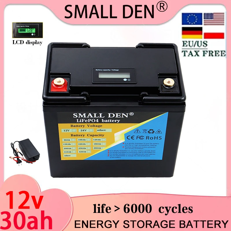 12V 30Ah lithium iron phosphate battery camping car waterproof golf cart motorboat off-road off grid solar rechargeable battery