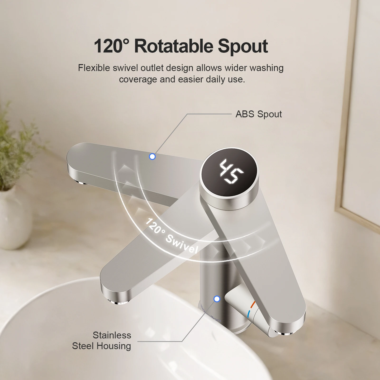 Briwellna Electric Water Heater Tap 220V Bathroom Faucet 120° Rotation Silver Tankless Water Heater Tap Stainless Steel Faucet
