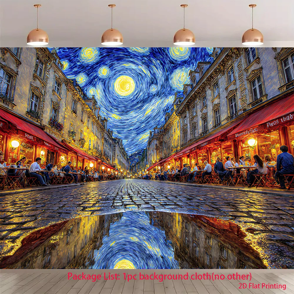 Starry Night Sky Tapestry, Van Gogh Style Street Cafe Wall Hanging for Living Room Bedroom Decor, Artistic Ceiling Mural Gift