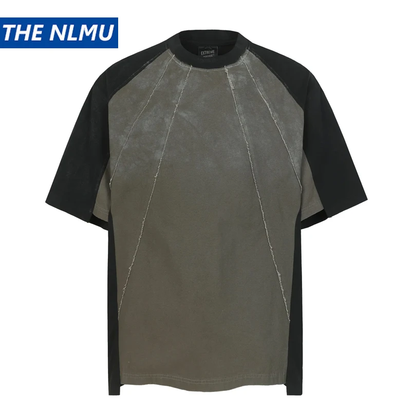 

Мужская винтажная футболка с пэчворком, эффектом потертости и коротким рукавом, летняя коллекция 2026, в стиле гранж, уличная мода