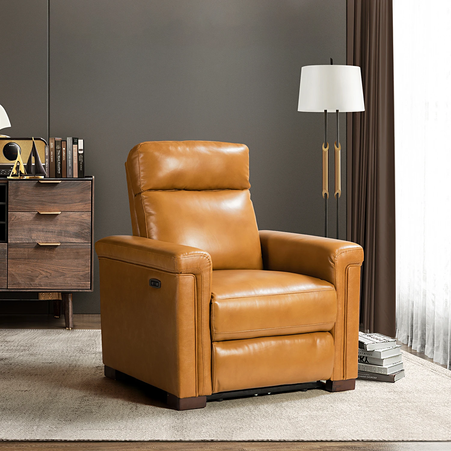

#Luxury Genuine Leather Modern Living Room Power Electric Recliner Chair Wooden Legs with USB Charging