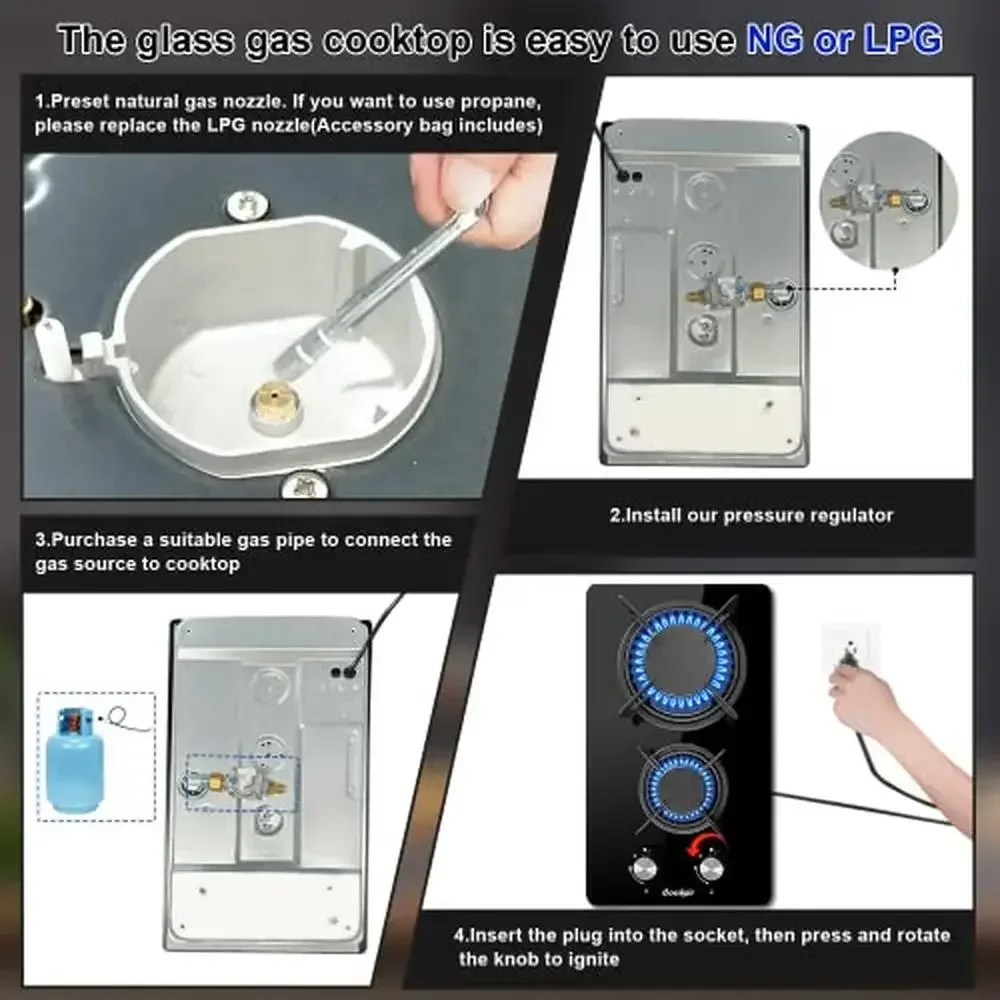 12" Gas Stove 2 Burners Dual Fuel LPG/NG Built-in Propane Cooktop Tempered Glass Top Safety Electric Ignition Kitchen Fixture