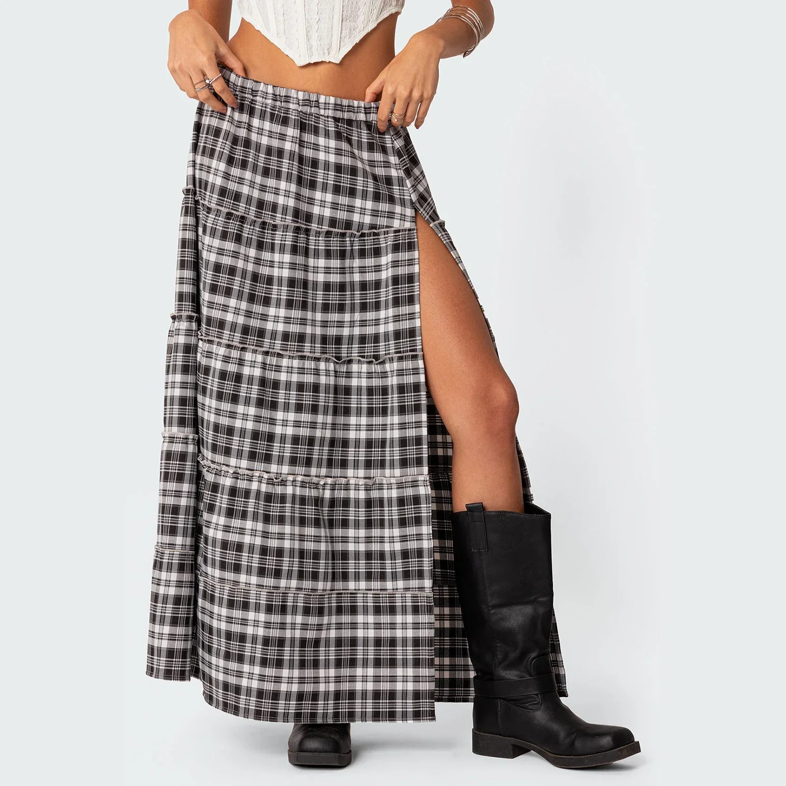 Women's Fashion Plaid Long Skirts Vintage Elastic Waist Side Slit Tiered Midi Skirts Casual Flowy Skirts