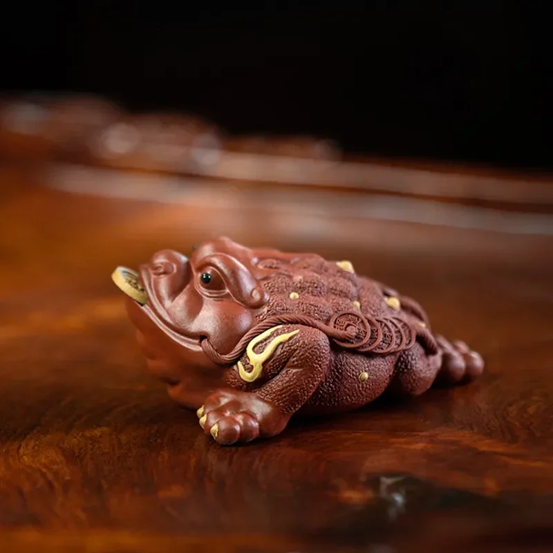 Boutique Purple Clay Tea pet Lucky Golden Toad Statue Tea Figurine Ornaments Handmade Crafts Tea Set Decoration Accessories