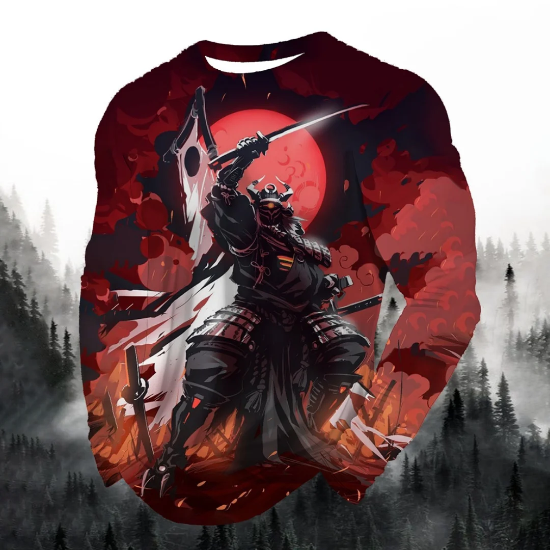 

Мужская мода с принтом, круглым вырезом и длинным рукавом, осенний спортивный пуловер для отдыха, мужская 3D японская самурайская печать, мужская одежда y2k