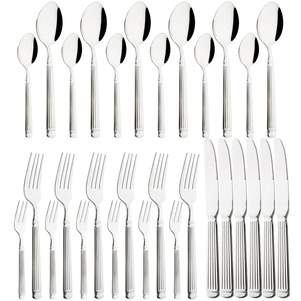 Silver 30Pcs Dinnerware Set Stainless Steel Dinner Knife Fruit Fork Teaspoon Spoon Cutlery Set Kitchen Tableware Flatware Set