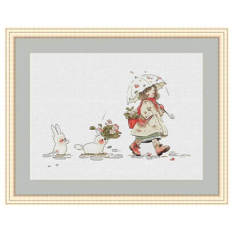 Fishxx Cross Stitch Kit Precision Print Embroidery E1270 Flower Picking Little Girl And Bunny Cute Cartoon Children'S Room